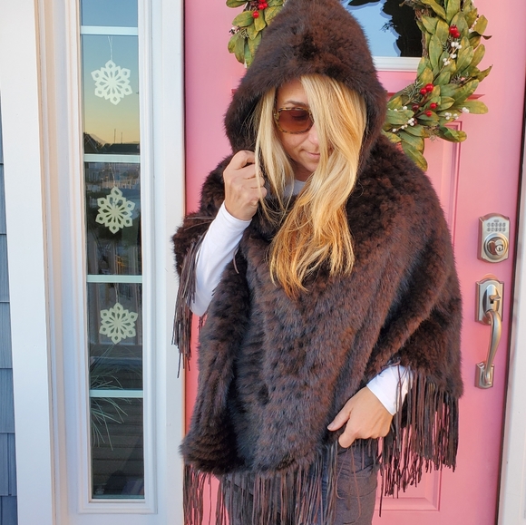 Genuine Knitted Mink Fur Hooded Cape with Leather Fringe - Picture 1 of 16